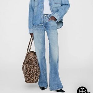 Anine Bing Hugh High Rise Wide Leg Blue Jeans Size 28 Distressed Button Fly